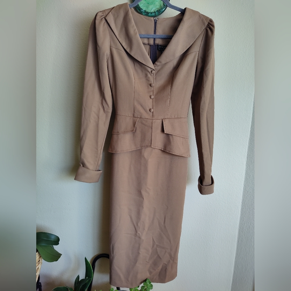 Stop Staring Vintage-Inspired Camel Two-Piece Dress Set